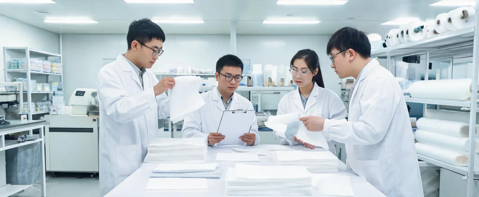 Nonwoven material team reviewing layered web samples